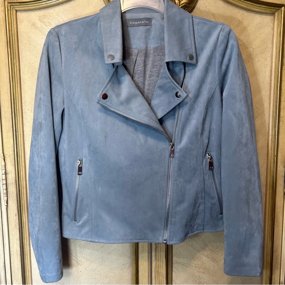 Bagatelle Faux Suede Pale Blue Sea Foam Moto Jacket